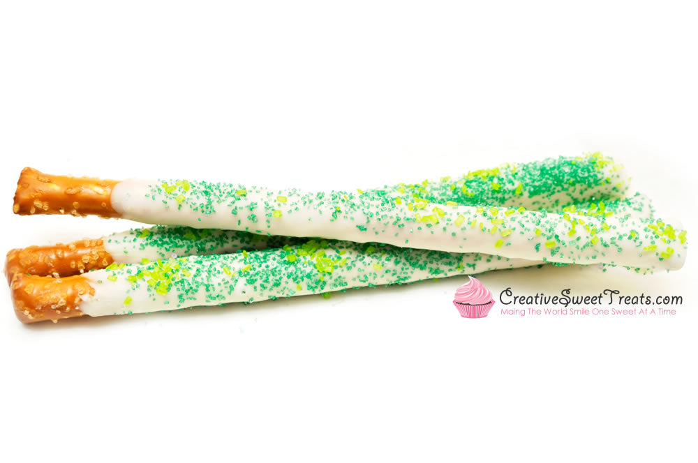 St. Patrick's Day Pretzel Rods Dipped In White Chocolate